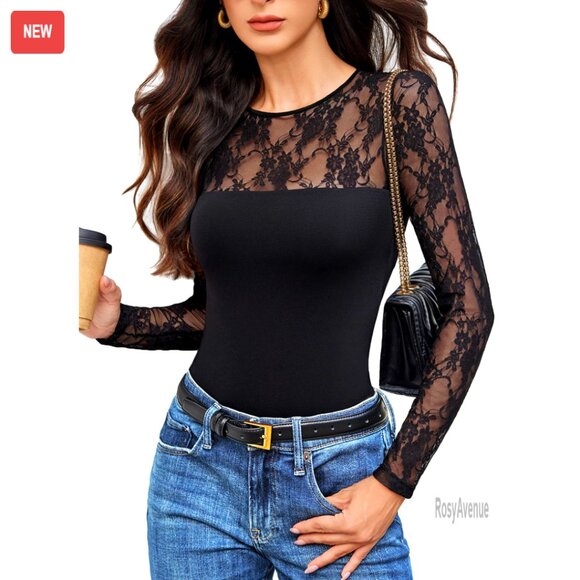 Other - Long Sleeve Lace Bodysuit, Slimming Crew Neck, Thong Back, Snap Closure